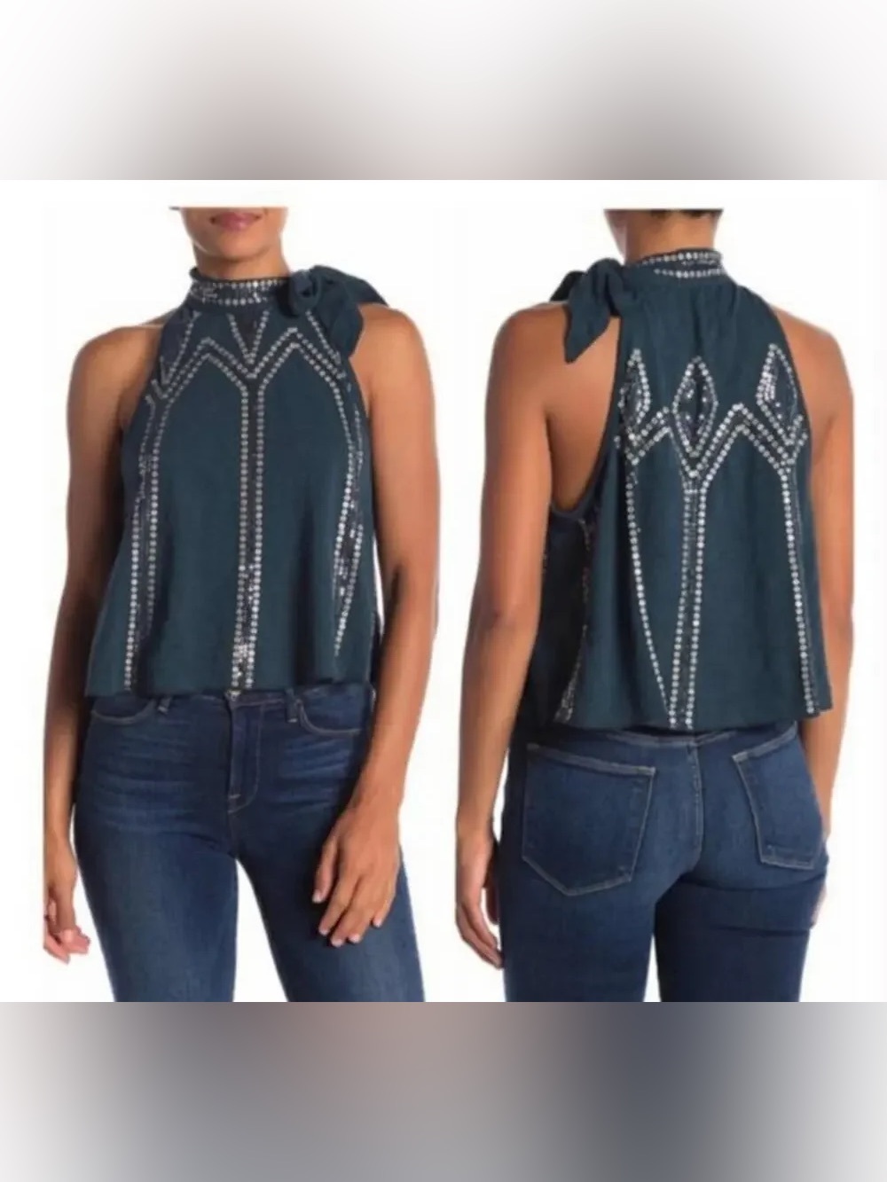 WORN ONCE Free People Glitter City Green Tie Neck Tank